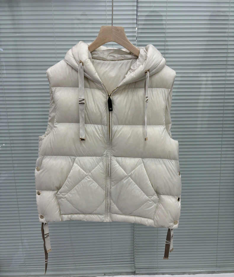 Schinteon Women 90% White Duck Down Vest with Hood Casual Sleeveless Jacket Simple Solid Color Fashionable Autumn Winter Top New