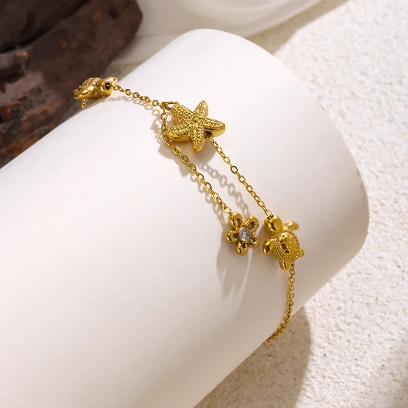 18K Gold  Anklet for Women, Starfish Turtle Flower Charm, Titanium Steel Foot Jewelry, Light Luxury & Versatile Fashion