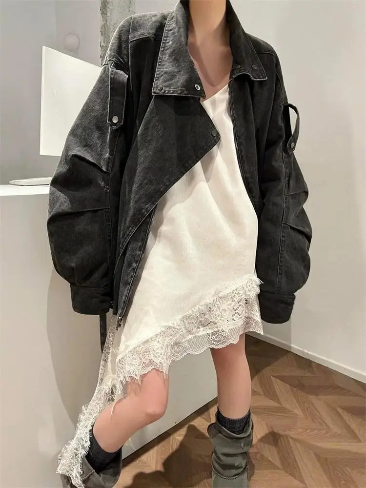 Slimming Effect Lace Asymmetrical Strap Dress Inner Wear Outer Wear Fashionable Elegant V-neck Zipper Closure Straight Cut Dress