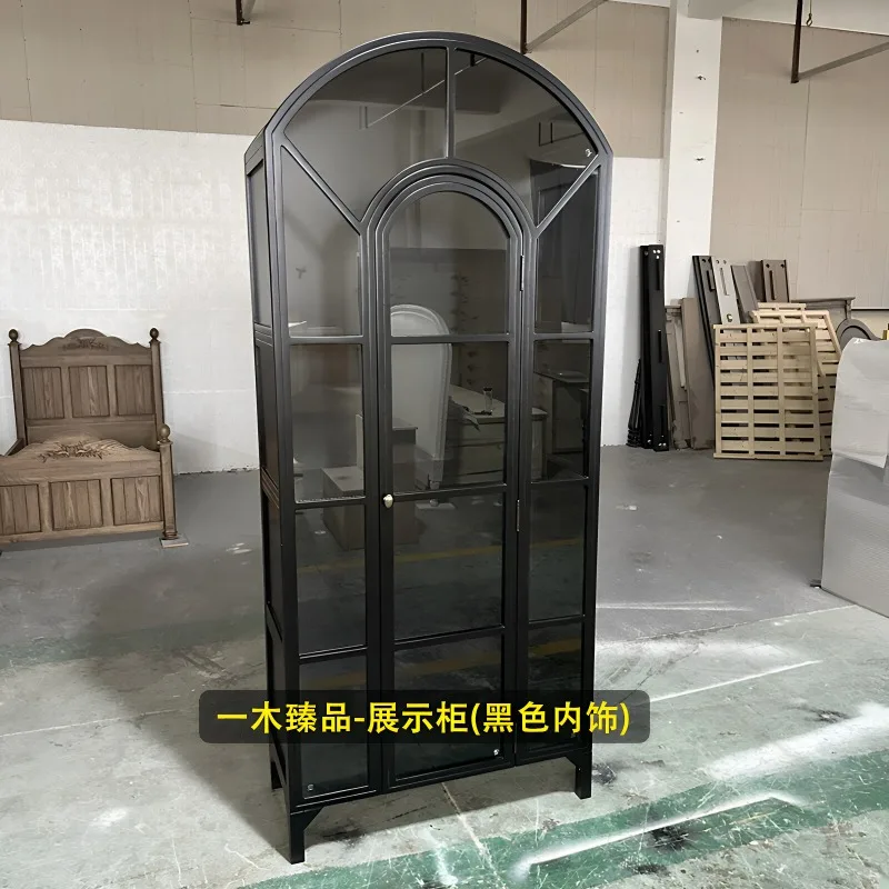American light luxury solid wood bookcase simple household high-grade black arched display cabinet with glass door French retro