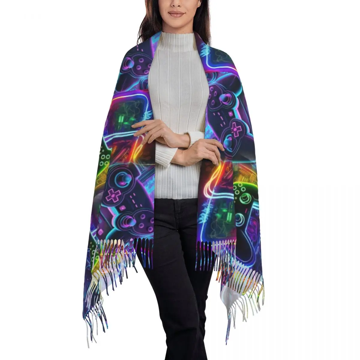 Neon Game Console Hand Controller Scarf Wrap for Women Long Winter Fall Warm Tassel Shawl Game Controller Pattern Scarves
