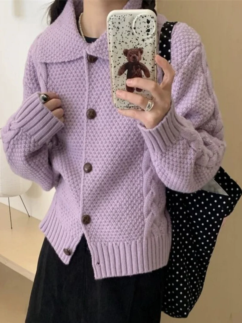 

Soft Purple Knitted Collar Sweater Coat Women's Autumn Winter Art Student High Quali Comfortable Sle Commute Faion