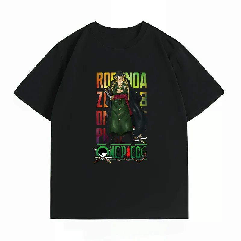 Bandai One Piece Roronoa Zoro Cape Print T-shirt Casual Short Sleeve Cotton Anime Streetwear Men's T-shirt
