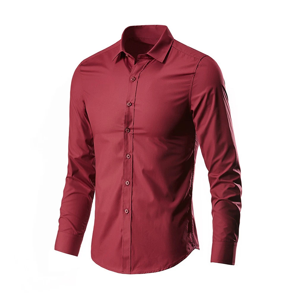 Men's Solid Color Classic Basic Shirts Long Sleeve Wrinkle Resistant Button Turn Down Premium Dress Shirt Man Tops