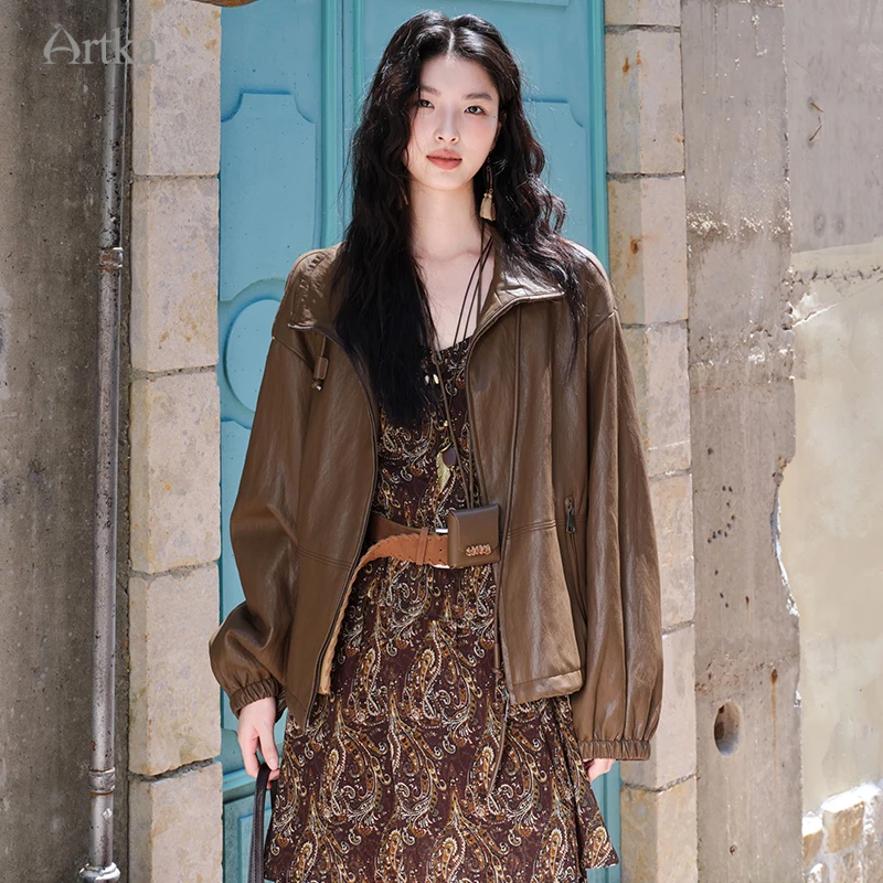

ARTKA 2025 Autumn New Women PU Jacket Fashion Vintage Brown Jacket Coat PU Leather Loose Zipper Jackets Female WA32053Q