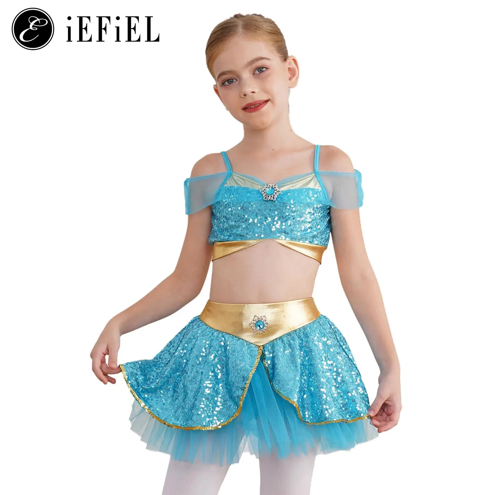 Kinder glänzende arabische Prinzessin Bauchtanz 2 Stück setzt Schulter Crop Top mit Tutu Röcke Halloween Lampe Cosplay Kostüm