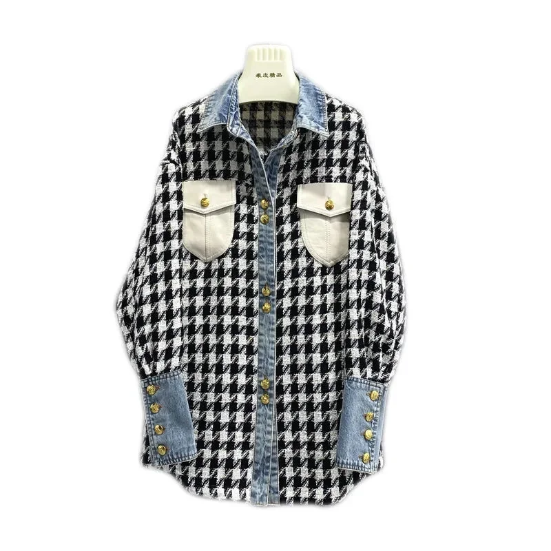 2023 primavera New Thousand Bird Checker Age riducente giacca Denim Splicing Design Sense stile coreano indossando Cardigan stile donna