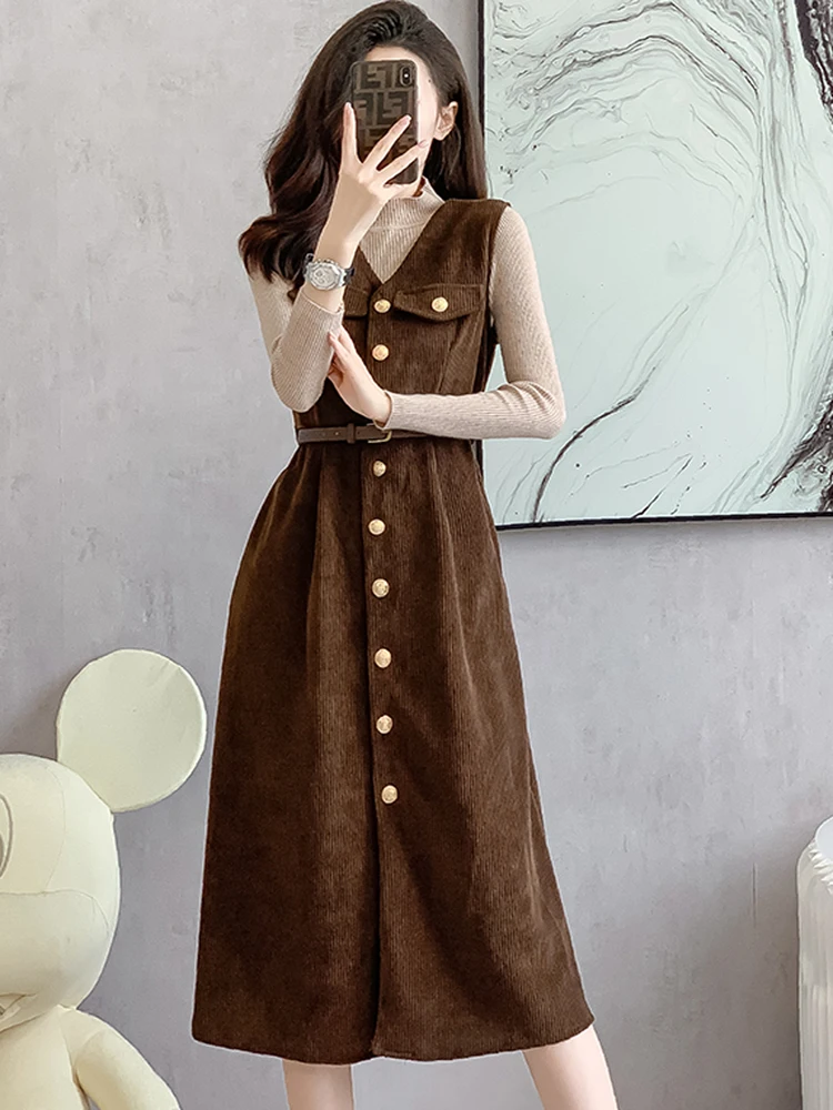 Autumn Winter Lady Fashion Two Piece Set Dress For Women Knitted Sweater Pullover Top + Corduroy Slim Waist Vest Midi Dress 2024