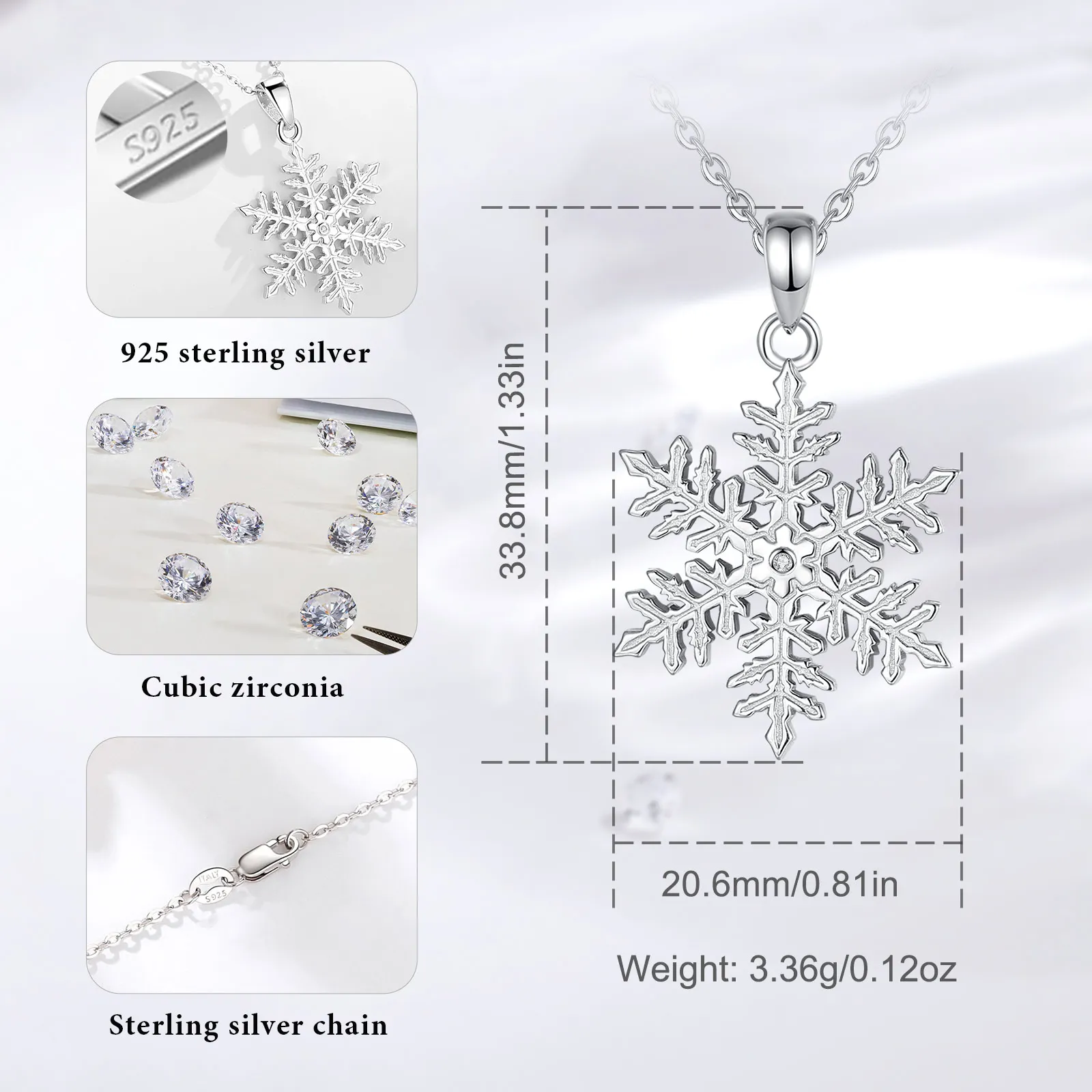 Eudora 925 Sterling Silver Snowflake Necklace Winter AAA Zirconia Snowflake Pendant Simple Jewerly Christmas Gifts for Women