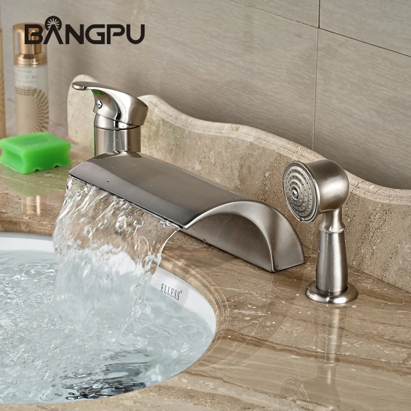 

Bath Tub Faucet Combo Kit with Hand Shower 3 Hole Bathtub Faucet Set Deck Mount Roman Tub Faucet with Handheld Shower Brushed