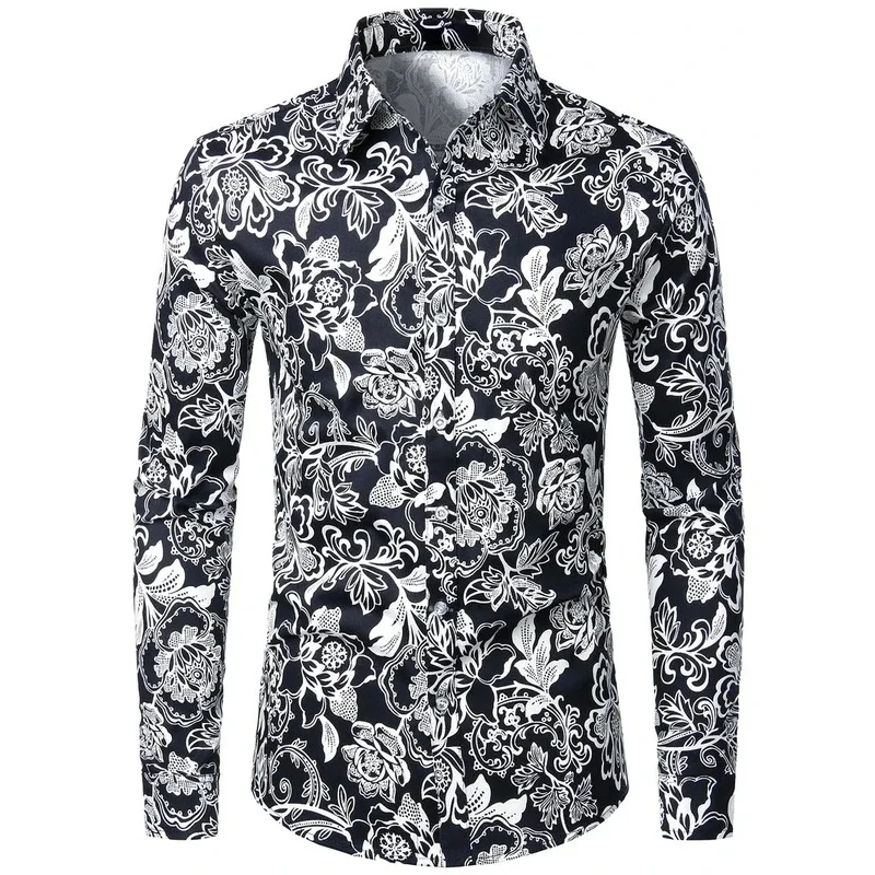 Camisa Floral Retrô Anos 70 para Homens e Mulheres, Camisa de Manga Longa de Luxo com Botões e Gola, Blusa Havaiana Masculina Y2K para Outono