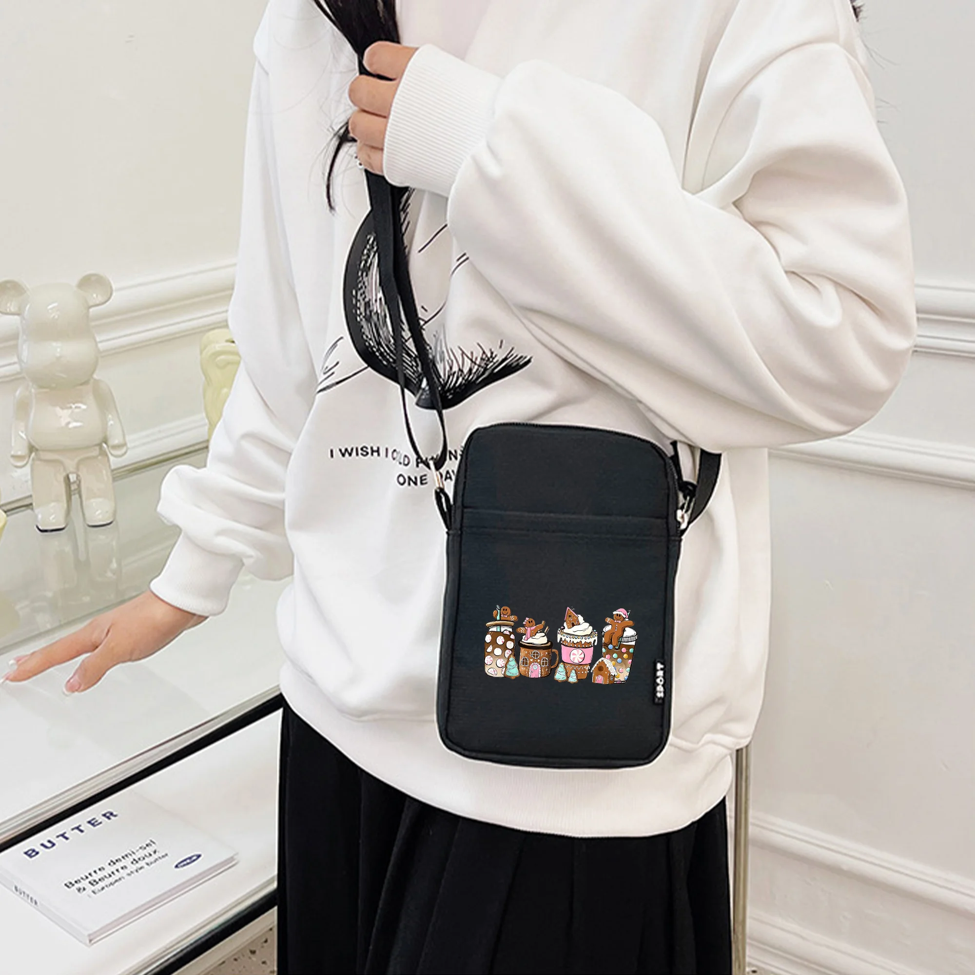 

Gingerbread Man Milk Tea Cup Pattern Mobile Phone Bag Fashion Printed Coin Purse Mini Zipper Crossbody Bag Best Halloween Gifts