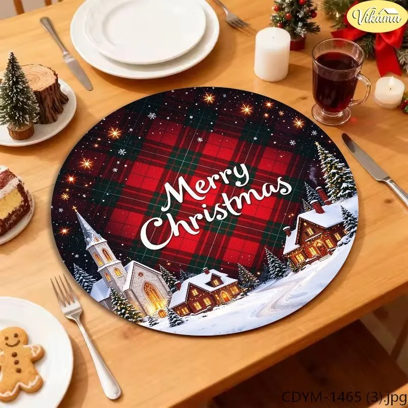 VIKAMA Washable Round Christmas Placemat, Red Navy Tartan White Snowflake Stitched Border Holly