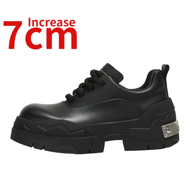 

Genuine Leather Height Increased 7cm Trendy Derby Shoes for Men Black Metal Design Thick Platform Hand Sewn Cowhide Casual Shoes