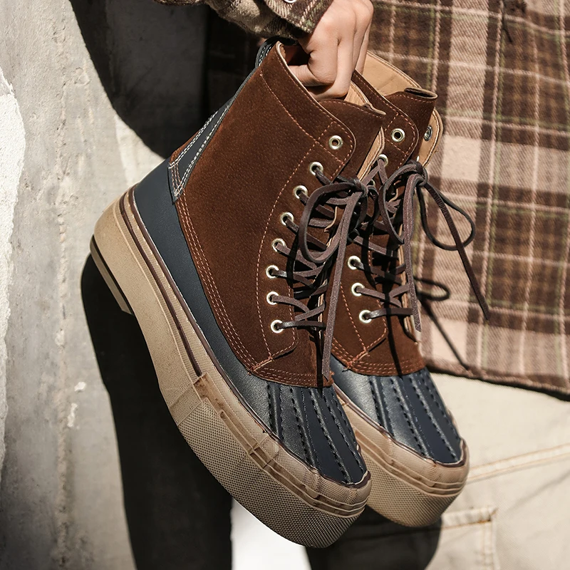 

Мужские высокие сапоги, модный дизайн с цветными блоками, круглый носок на шнуровке, подходит для всех сезонов, оригинальные ботинки большого размера на плоской подошве