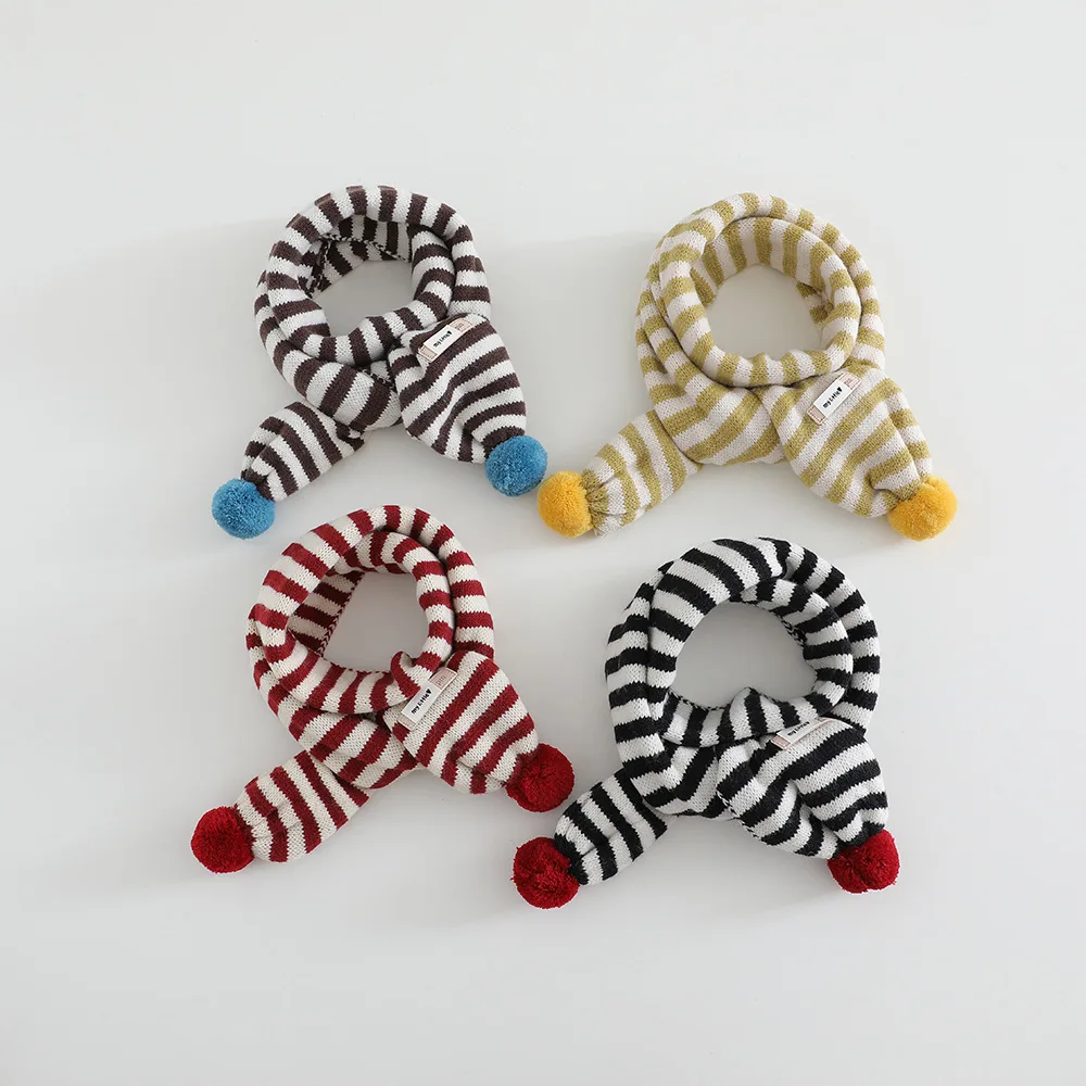 Cute Korean Striped Pom Pom Baby Knitted Scarf Toddler Kids Winter Warm Windproof Neck Warmer Unisex Boys Girls