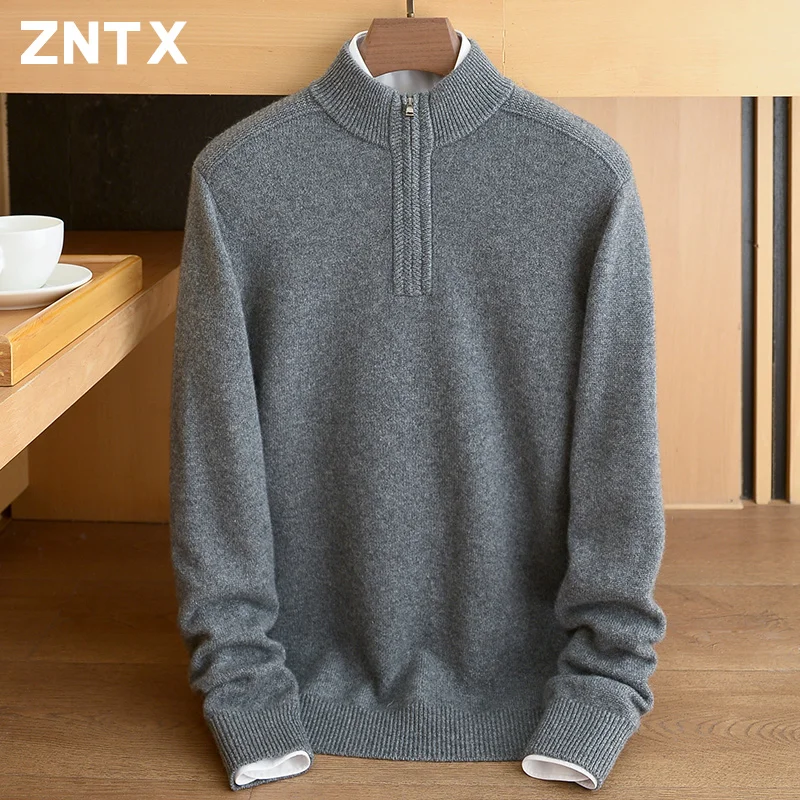 

Winter thickened pure cashmere sweater men's semi-turtleneck zipper middle-aged solid color pullover casual warm knit sweater