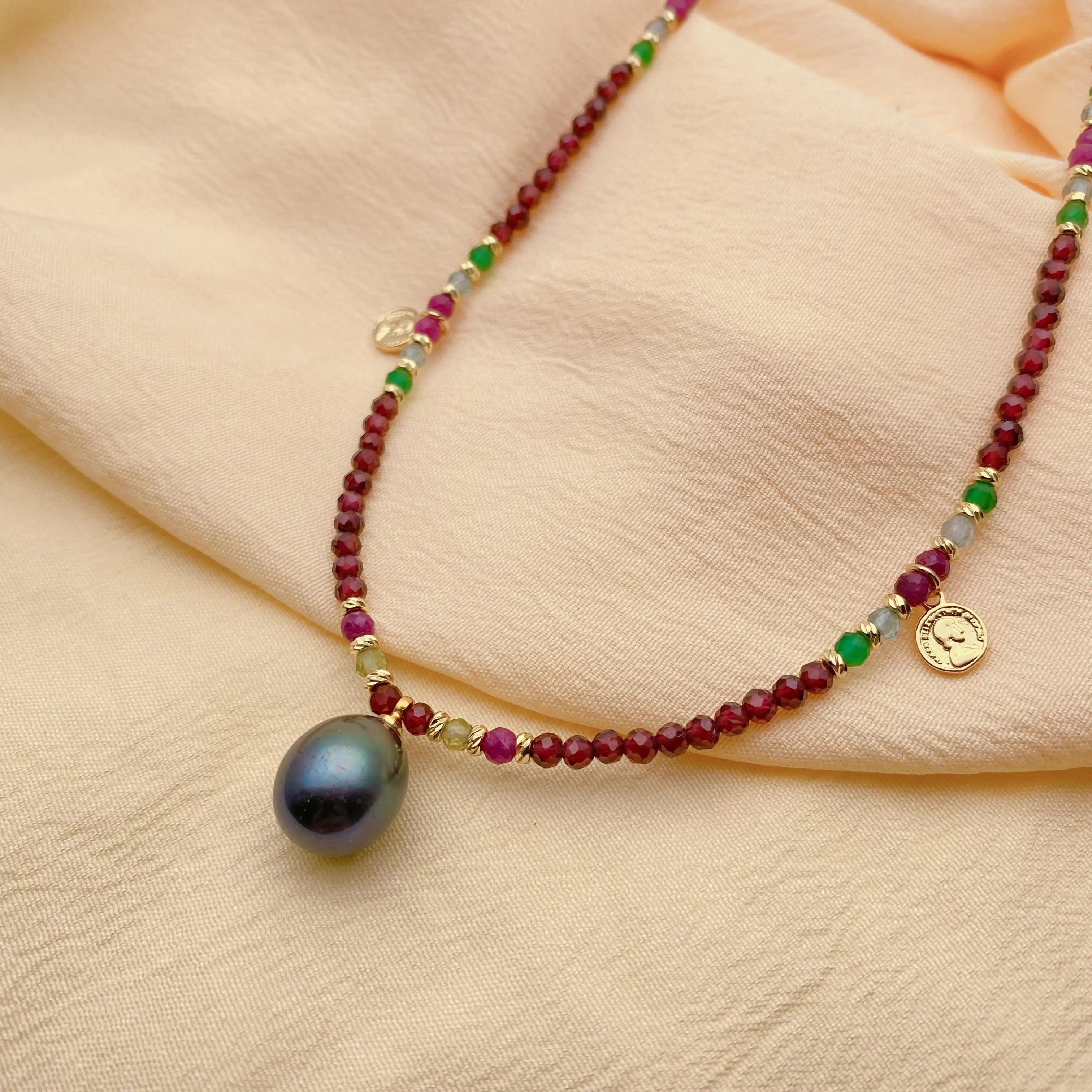 Y·YING Natural Garnet Agate Ruby Pearl Charm Necklace 3mm Gemstone Cultured Black Pearl Pendant