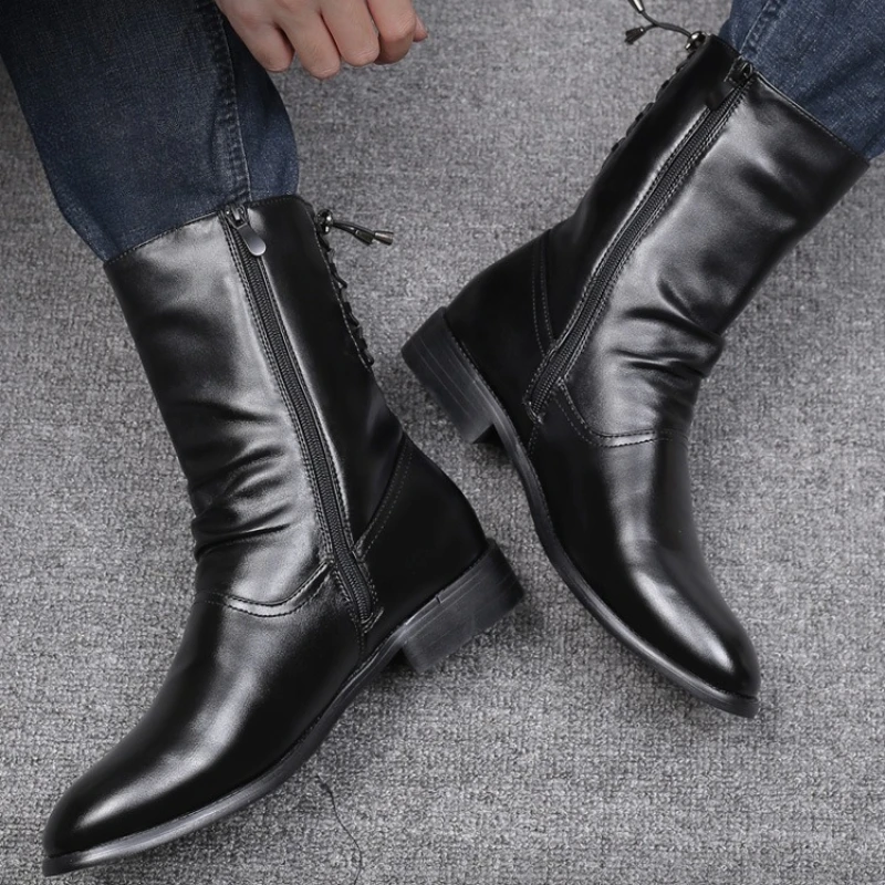 Leren herenlaarzen Hoge kwaliteit zwarte motorlaarzen Designer Punk Rock Halfhoge laarzen Mode hoge schoenen Botas Masculino