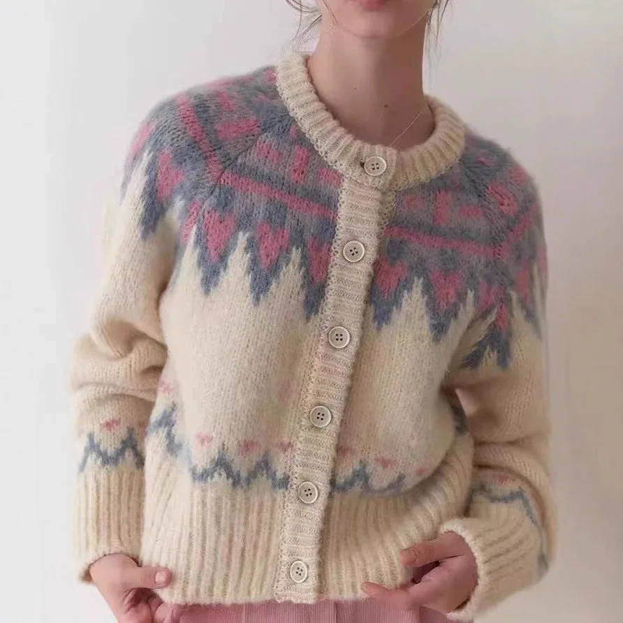 

Свободный вязаный островный свитер, корейский женский милый ленивый открытый кардиган, шерстяной материал, средний дизайн с принтом, онлайн Exc...