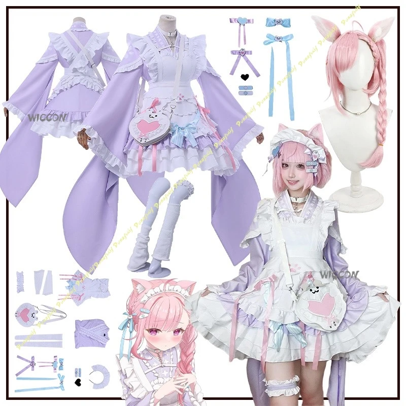 Jogo cosplay trajes menina 2d anime estilo japonês empregada bonito vestido lolita saia peruca feminino rosa roxo palco natal dia das bruxas