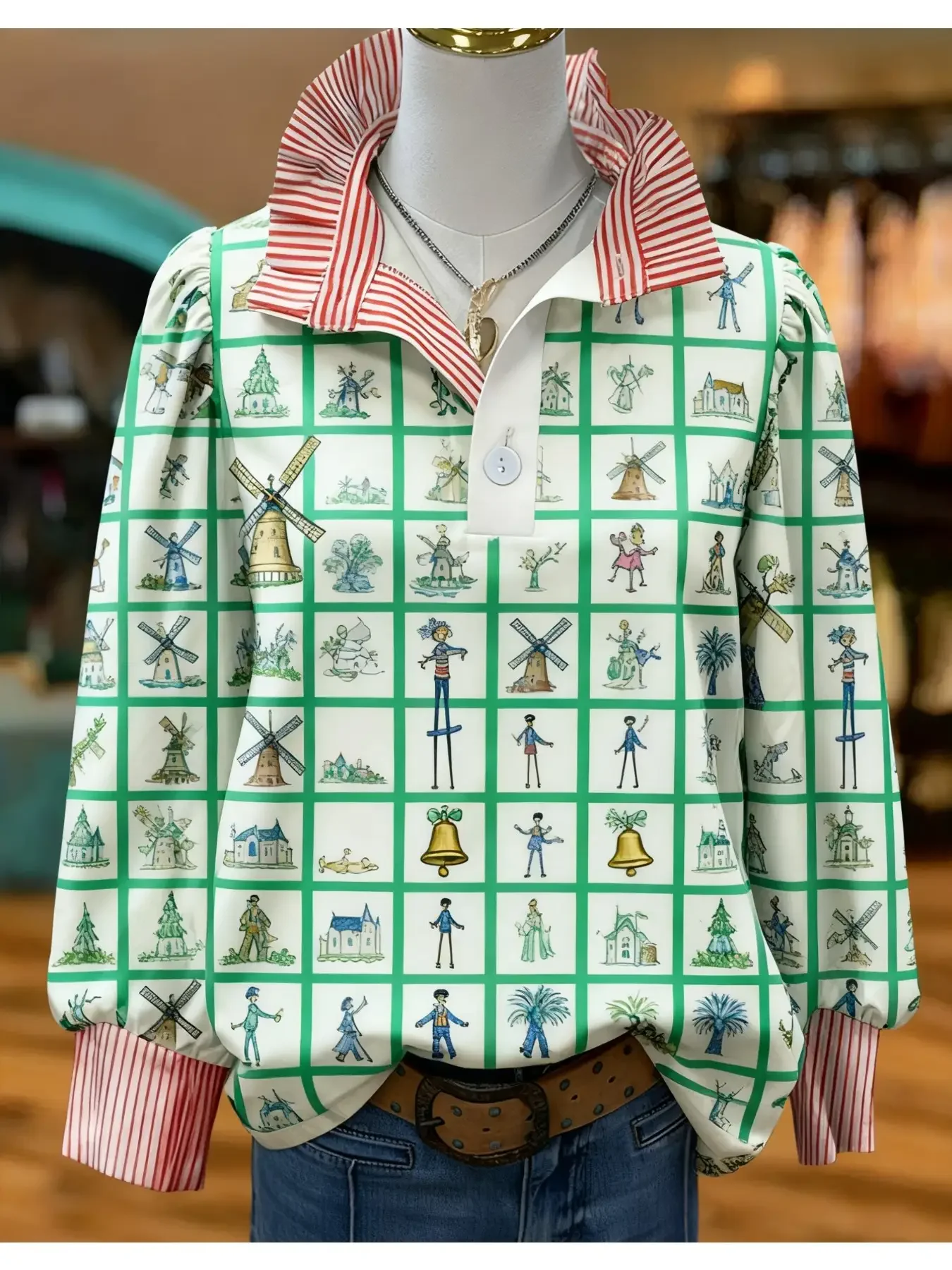 2026Ladies' striped casual fashion shirt with multi-color striped collar and half button shirt pattern,Red large floral print