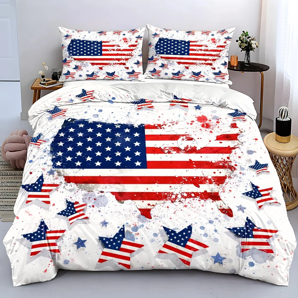 3Pc American Flag Themed Duvet Cover Set, Three-Piece Bedding Set (1 Duvet Cover + 2 Pillowcases), Suitable for All Seasons, Machine Washable, Invisible Zipper Double Bed Cover, Suitable for Home, Dormitory, Master Bedroom, Guest Room, Large American-Style Star and Stripe Bedding Set, Personalized Star Print Bedding, Cross-Border Hot-Selling American-Style Three-Piece Bedding Set, Skin-Friendly Breathable Bed Cover Set, American Patriotic Element Duvet Cover Set, Creative American Map Print Bedding, American-Style Three-Piece Bedding Set, Skin-Friendly Breathable Bed Cover Set, American Patriotic Element Duvet Cover Set