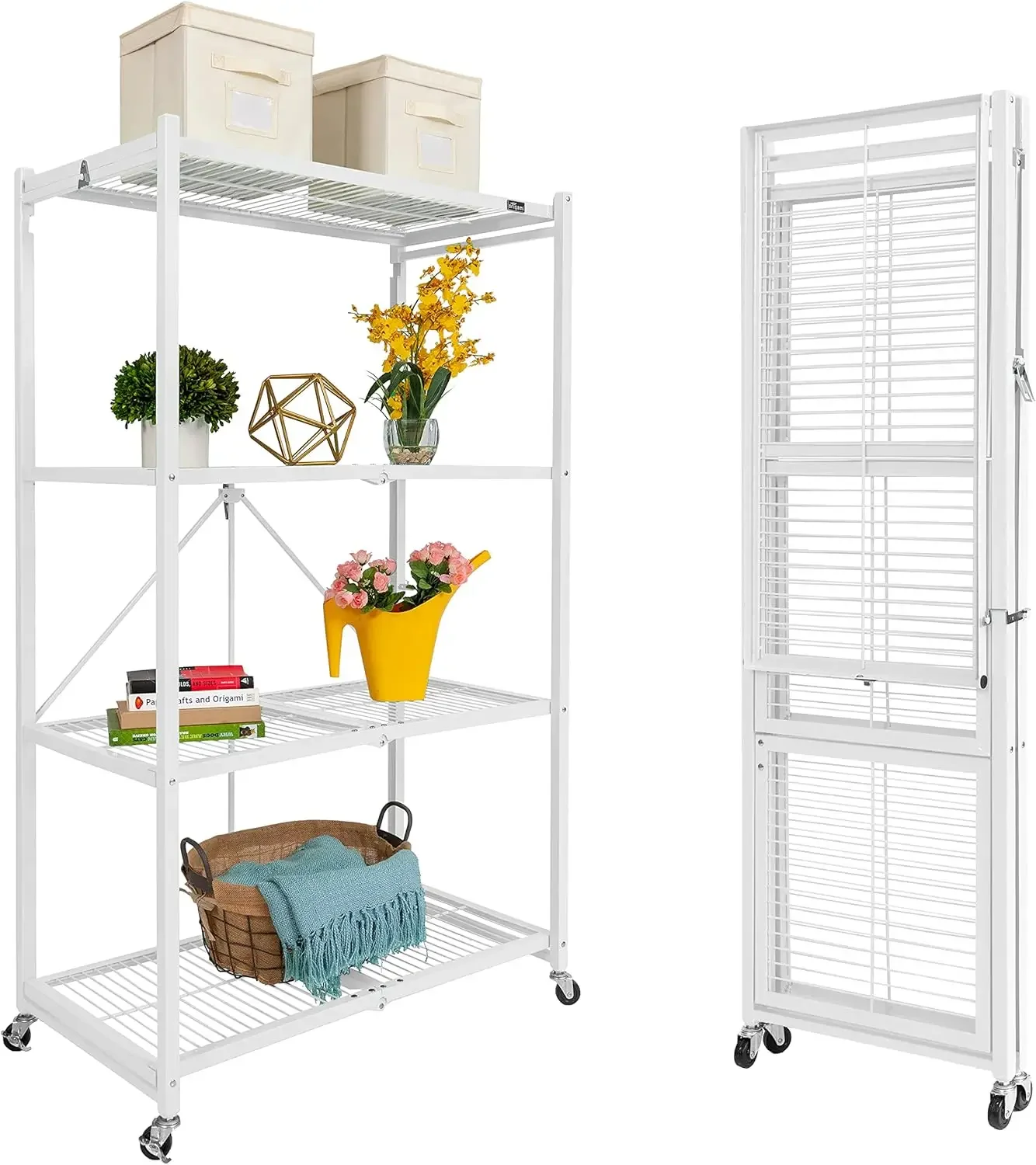 4 Tier Foldable Heavy Duty Metal Garage Storage Shelf Rack with Wheels and Powder Coated Steel for Organization in Home