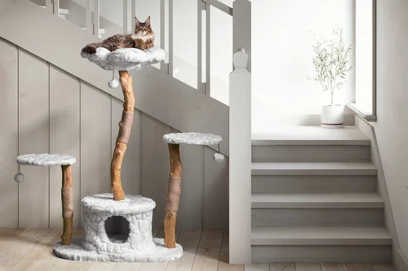 Wholesale Customized Natural Unique Wood Condo Indoor Modern Flower Cat Tree  Scratching Post Pole Wooden Cat Tree