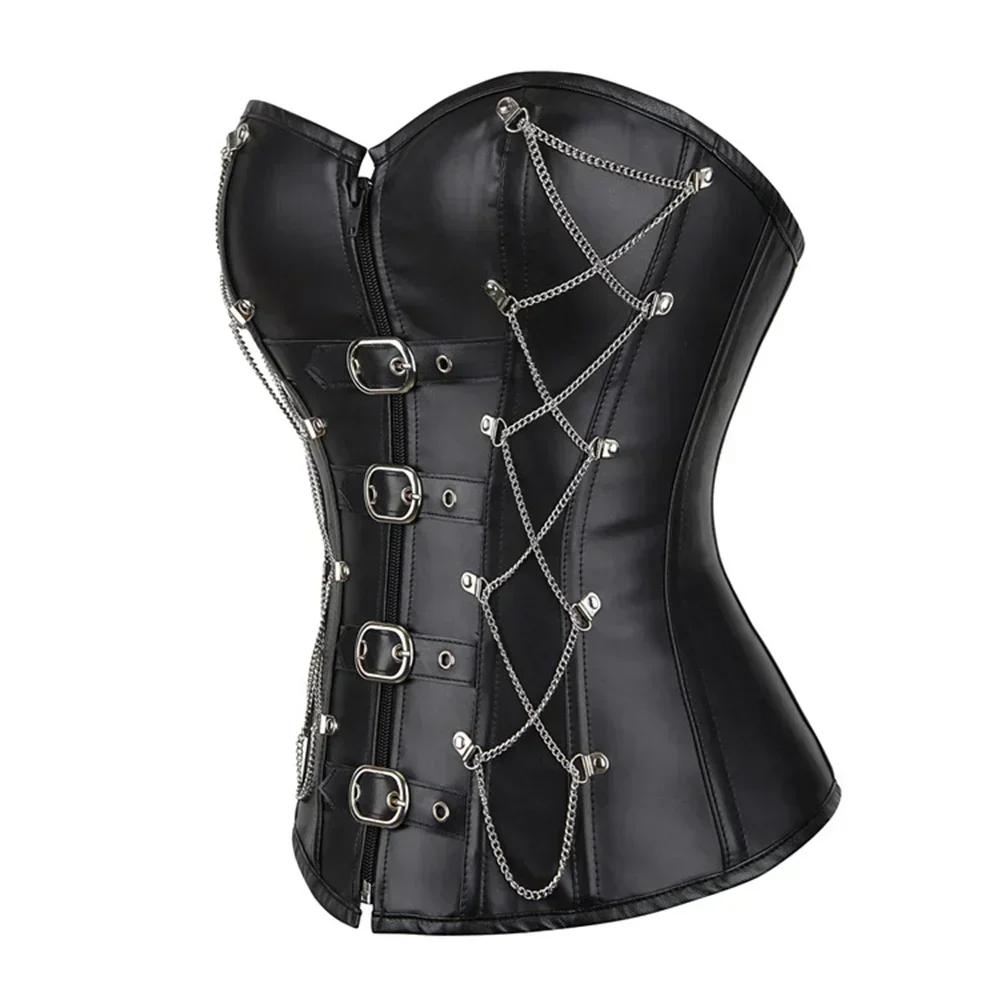 Black Leather Corset Top Woman Zip Leather Corset Buckle Bustier SteamPunk Gothic Studded Corset Corselet Straps Vest