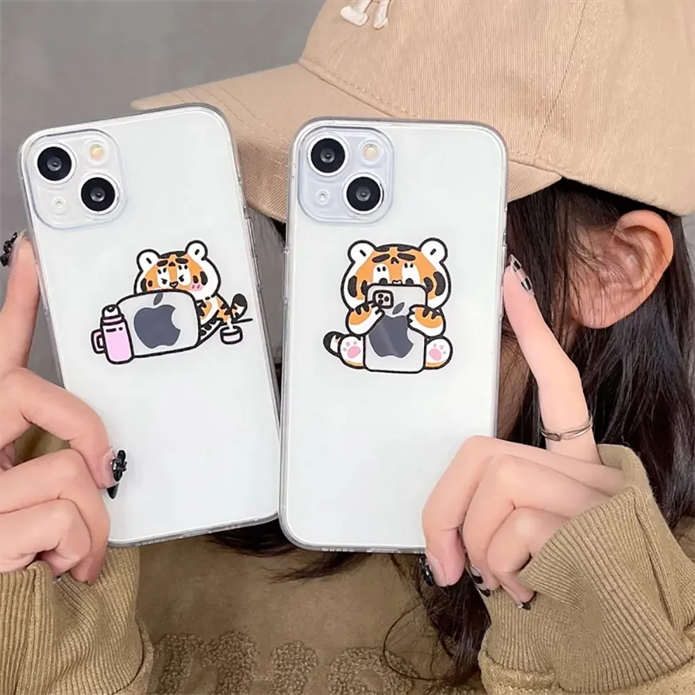 Cute  Animal Tigers Cat Couple Clear Phone Case for IPhone 15 11 Pro Max 12 13 Mini XS MAX XR SE2 7 8 14 Plus Paired Cover Shell