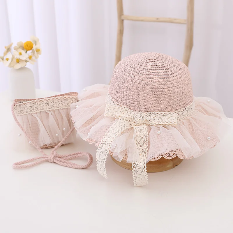 Fashion Baby Girl\'s Sun Hat Lace Pearl Large Bow Sun Protection Straw Cap Bag Kids Girls Princess Beach Children\'s Fisherman Hat