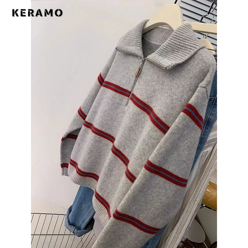 Spring Winter Women Fashion Loose Striped Knitted Gray Sweaters  Long Sleeve Retro Zip-up Pullovers Casual Pink Tops Y2k Female