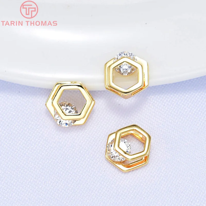 (3113)6PCS 10x10MM 12x12MM 24K Gold Color Plated Brass Double Square with Zircon Beads High Quality DIY Jewelry Making Findings