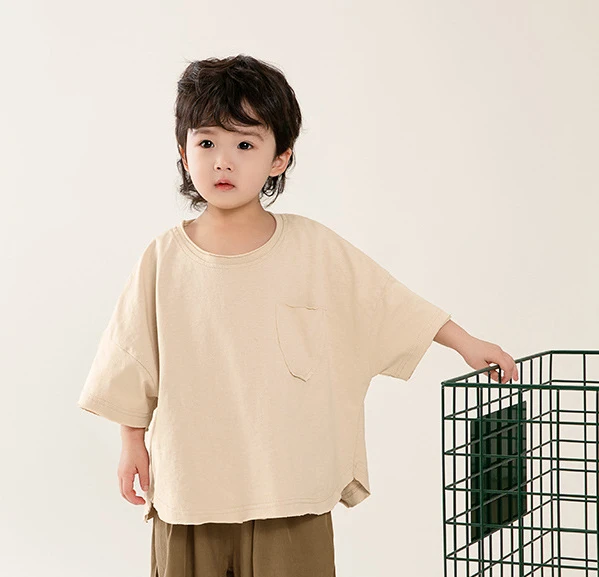 T-shirt Childrens Clothing Boys Short Sleeved Summer New Korean Burr Edge Solid Color Half Sleeve Tops 2024 Round Collar