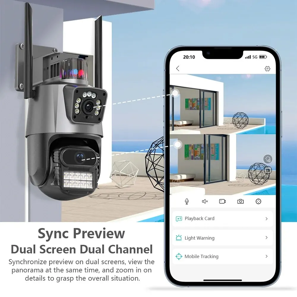 Câmera de vigilância de vídeo impermeável, lente dupla, segurança CCTV proteção, Wi-Fi, 6MP, 4K