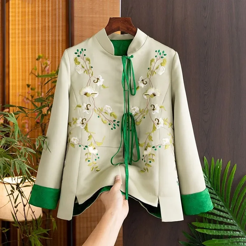 

2025 Coat Women New Spring Product National Stand Collar Embroidery Coat Women Jacket Elegant Lace Up Tang Suit Cardigan Female