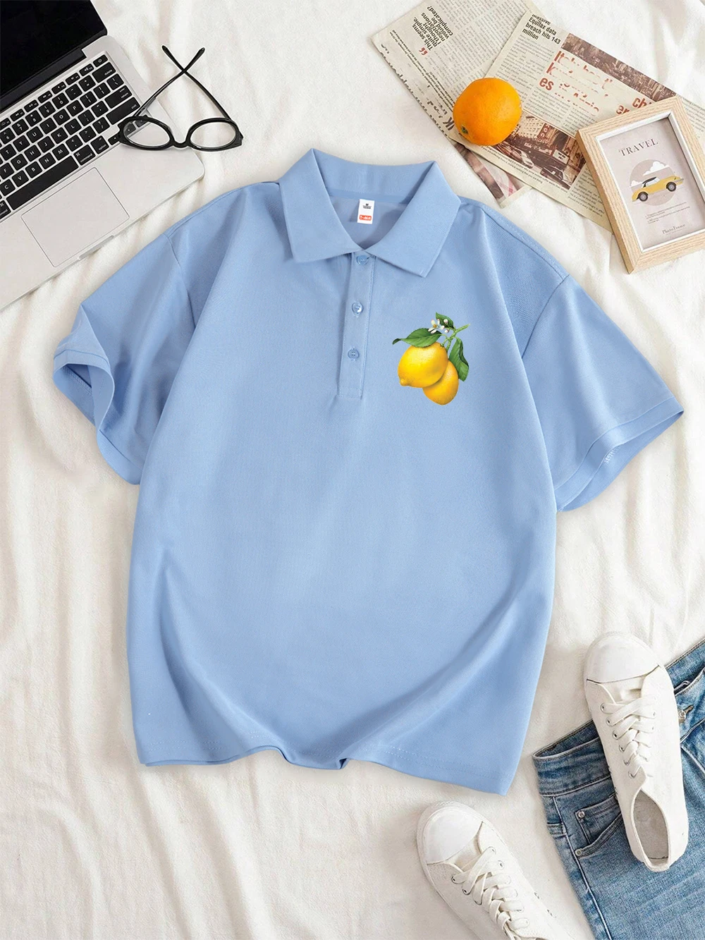 Capri Italy Lemon Printing Polo Shirt Womens Summer Soft Breathable Comfortable Lapel Shirts All-Match Casual Womans Clothes
