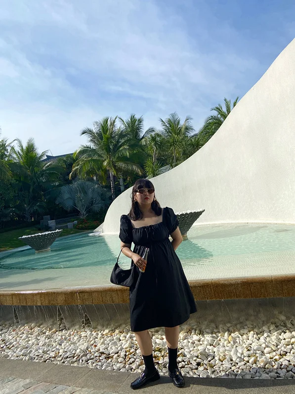 

Classic plus Size Retro Black Dress with Belt Square Collar Hip Concealing Women's Cotton Princess Sleeve A-Line Summer Dress