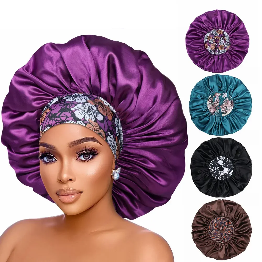 

4 pcs Satin Bonnet for Sleeping Jumbo Size Hair Bonnets with Flower Band for Women Curly Hair Braids