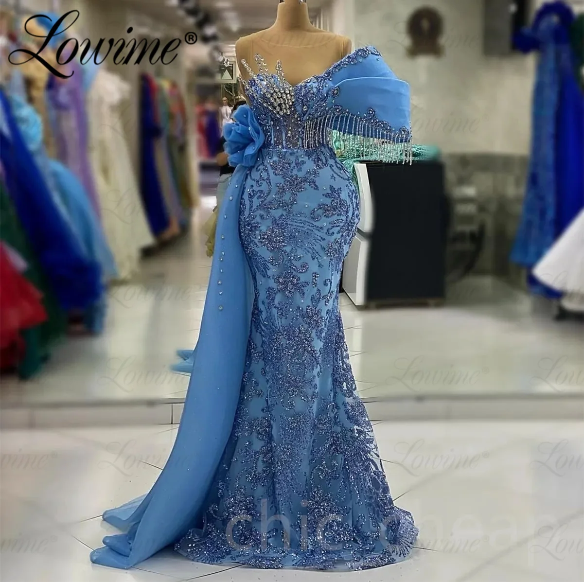 Blue Long Wedding Party Dress With Side Train Mermaid Tassel Beaded Crystals Elegant Evening Gowns Arabic Celebrity Prom Dresses