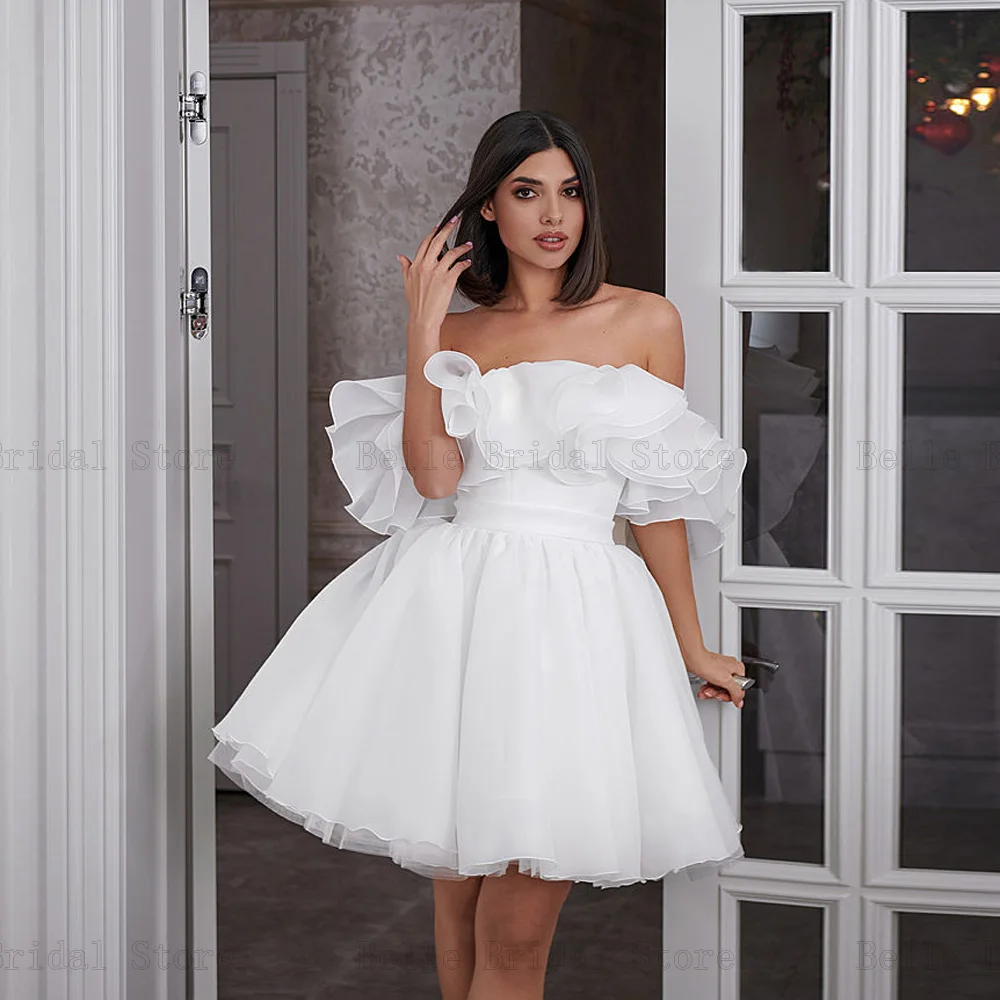 Elegant White Short Wedding Dresses Boat Neck Sleeveless Bridal Gowns Ruffles Above Knee Mini A-Line Vestidos De Novia 2023