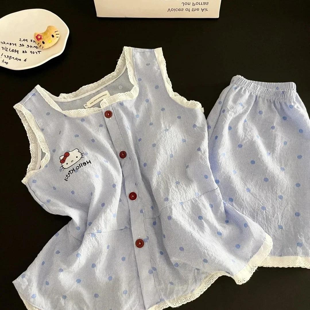 الدانتيل مرحبا كيتي منامة مجموعة المرأة الصيف الأزرق المشارب الحمالات السراويل ملابس المنزل فتاة طالب المتسكعون دعوى ملابس خاصة