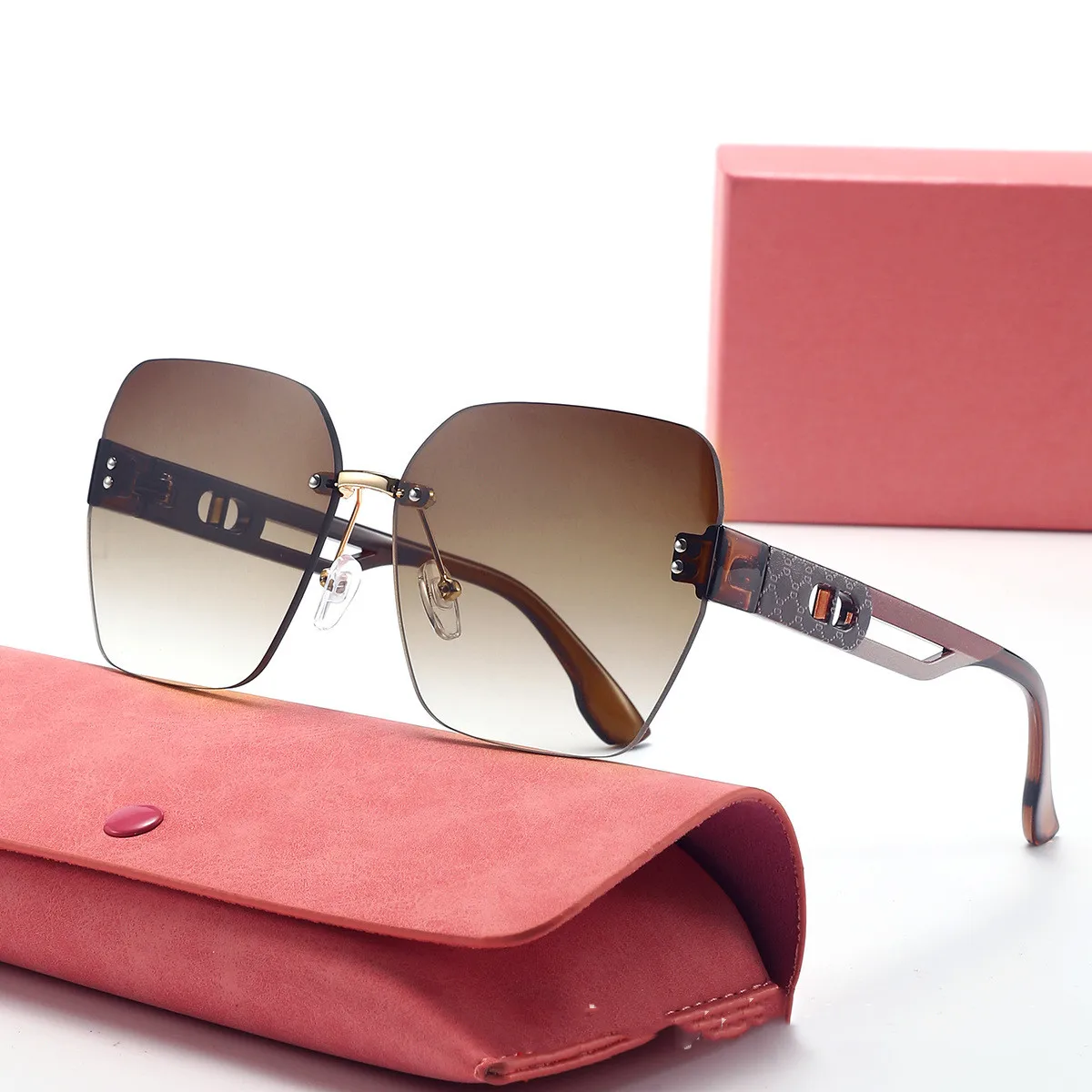 نظارات شمسية عصرية جديدة بطباعة كاكي بدون إطار بحافة مقطوعة كبيرة للنساء نظارات شمسية متعددة الأضلاع متدرجة (DS-8170)