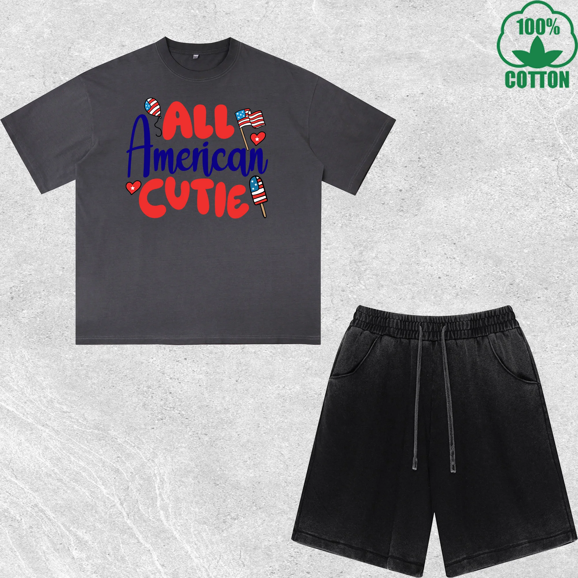 

All American Cutie Printed Dirty Wash T-Shirt Shorts Set Multicolor Combo Loose Trendy 100%Cotton
