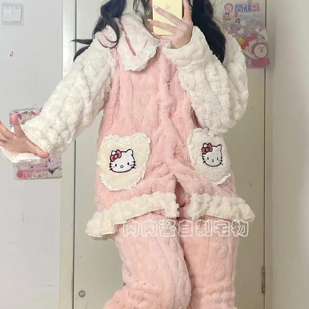 Sanrioed Anime Hello Kitty Women Pajamas Suit Cartoon Kawaii Winter Plush Coral Fleece Cardigan Homewear Warm Cute Nightwear