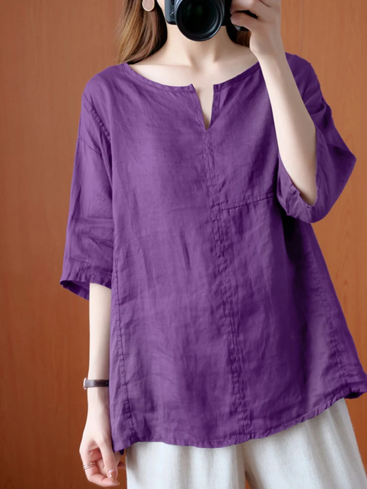 Women Summer Blouse Casual Oversized Chemise 2023 Fashion Solid ZANZEA Vintage Half Sleeve Blusas Female O Neck Cotton Top Tunic