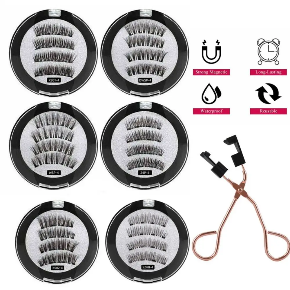 Faux-cils magnétiques pour femmes, bande complète, 4 aimants, sans colle, avec applicateur/clip, extension de cils