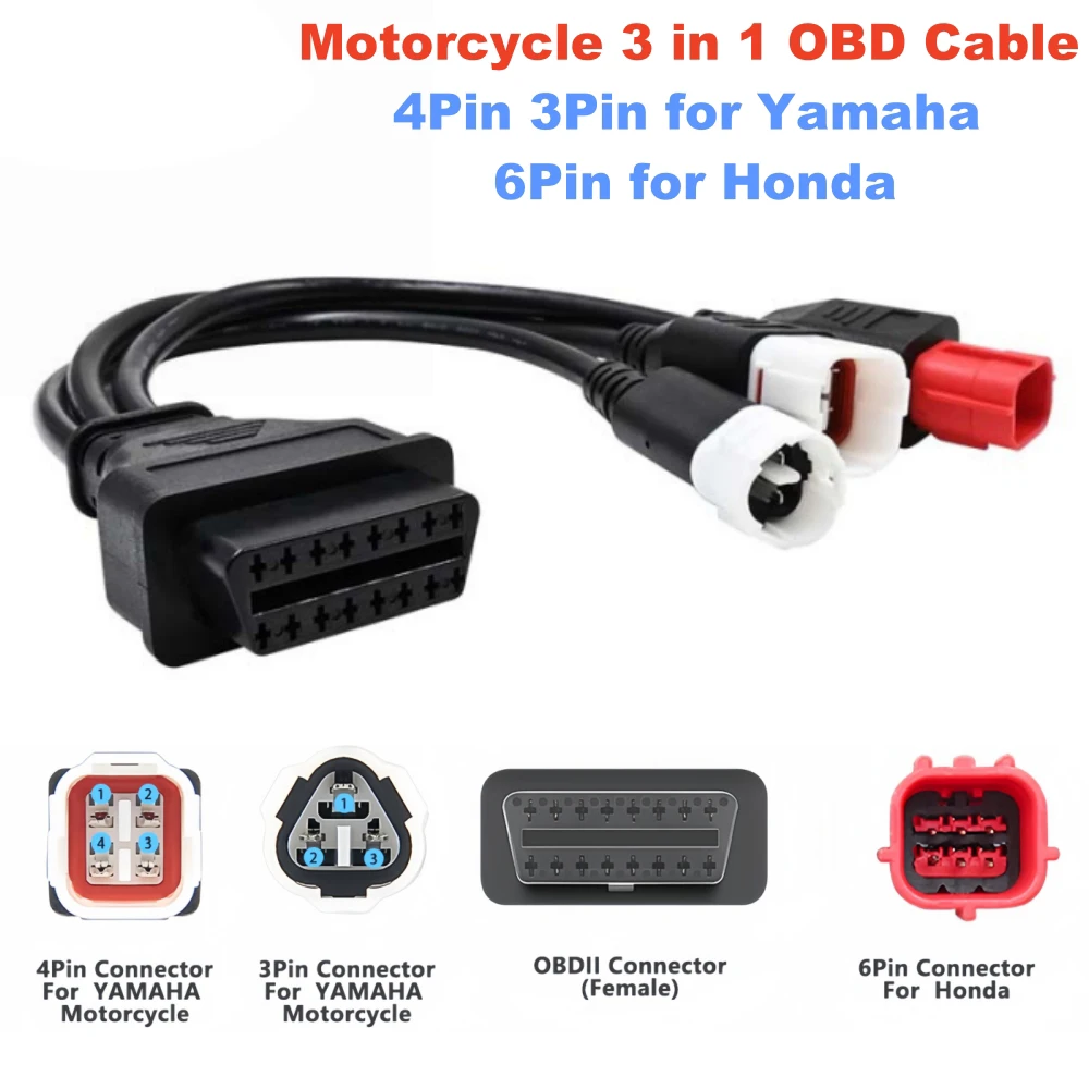

Новый 3 в 1 для Yamaha 3-контактный 4-контактный и Honda 6-контактный OBD2 диагностический соединительный кабель для мотоцикла, адаптер OBD 2, удлинительный кабель двигателя