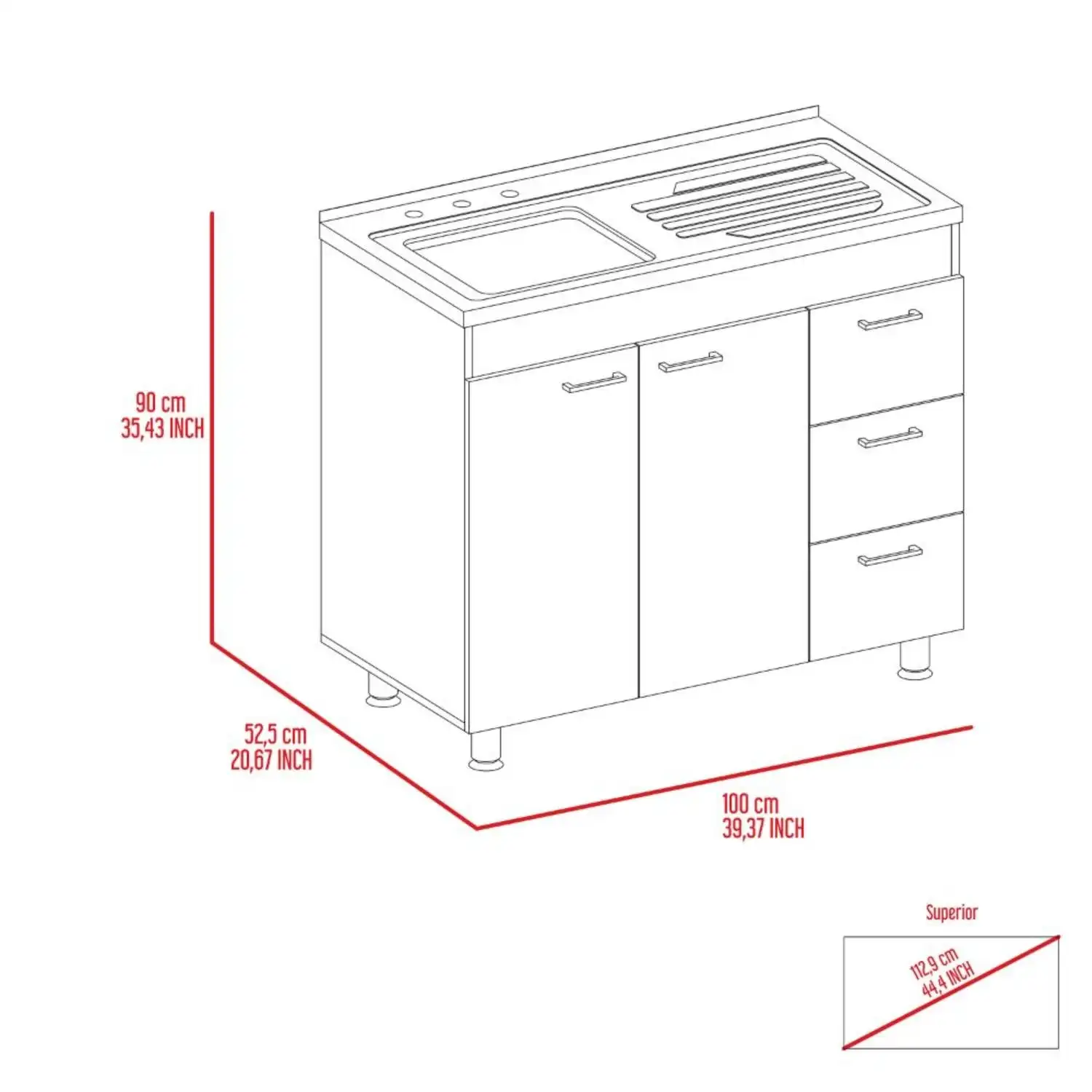 Ferretti Utility Sink with Three Drawers and Double Door Cabinet White